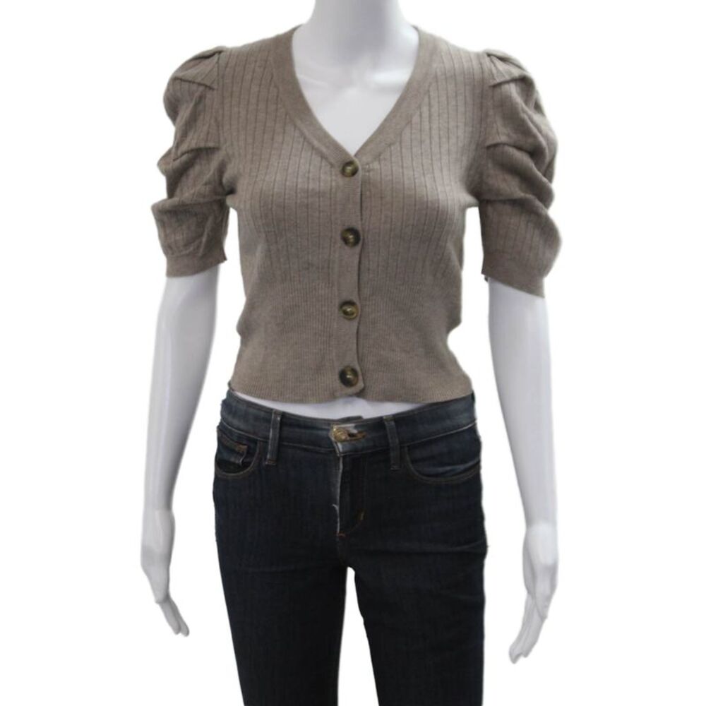 Gab Kate Unisex Cardigan Beige Striped V Neck Button Short Sleeve Size S